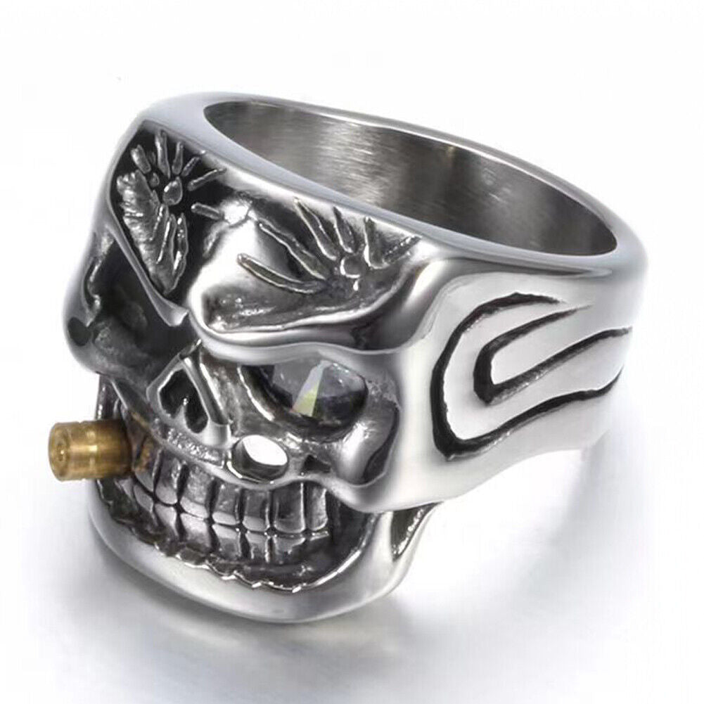 US 1-2Pc Goth Men Biker Punk CZ Smoking Skull Ring Men Stainless Steel Size 8-12