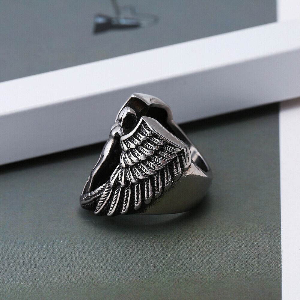 US Vintage Archangel Goddess Feather Angel Wing Stainless Steel Ring MC Biker