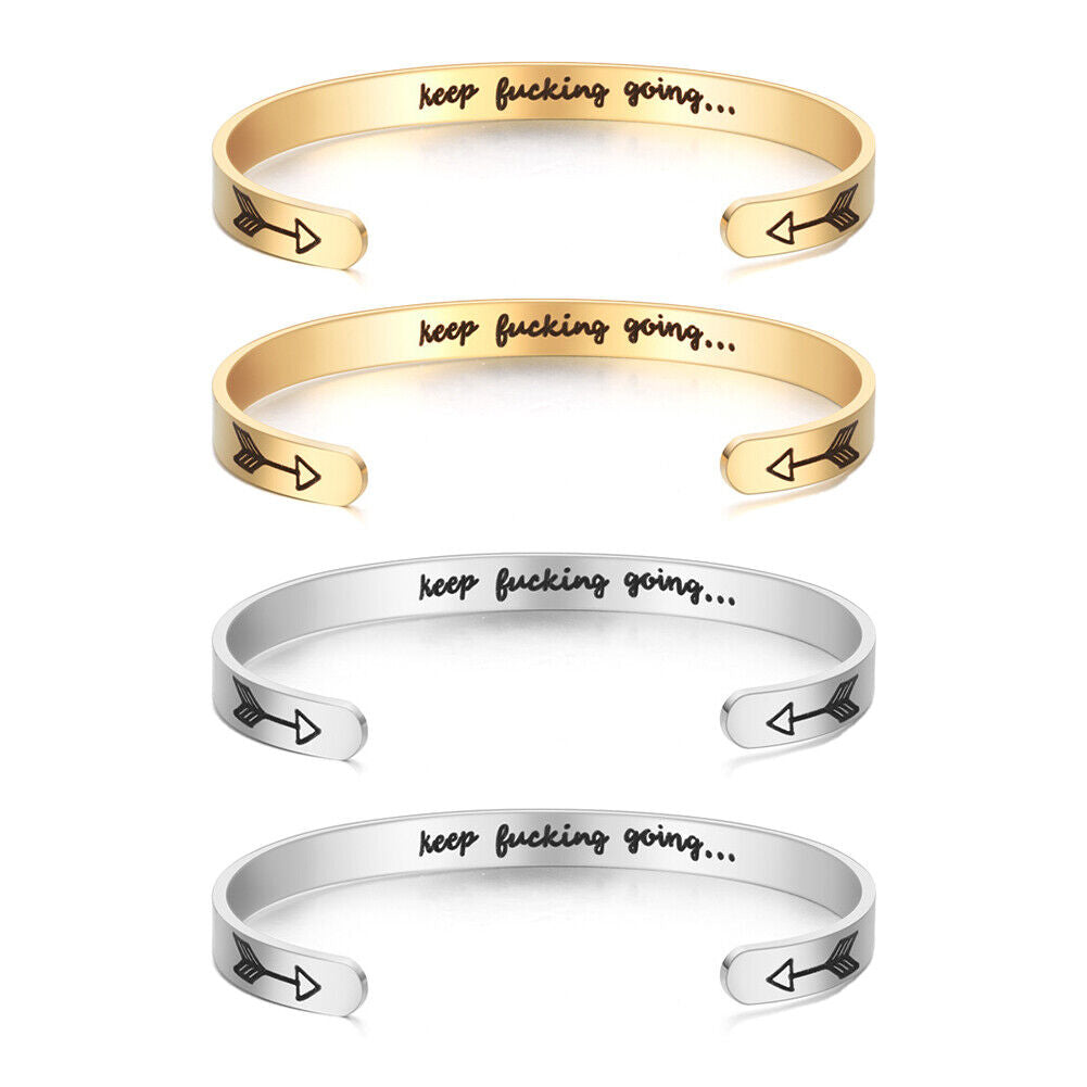 US 2-4 Pack Bangle Bracelet Open Cuff Inspirational Keep Going Letter Engraved