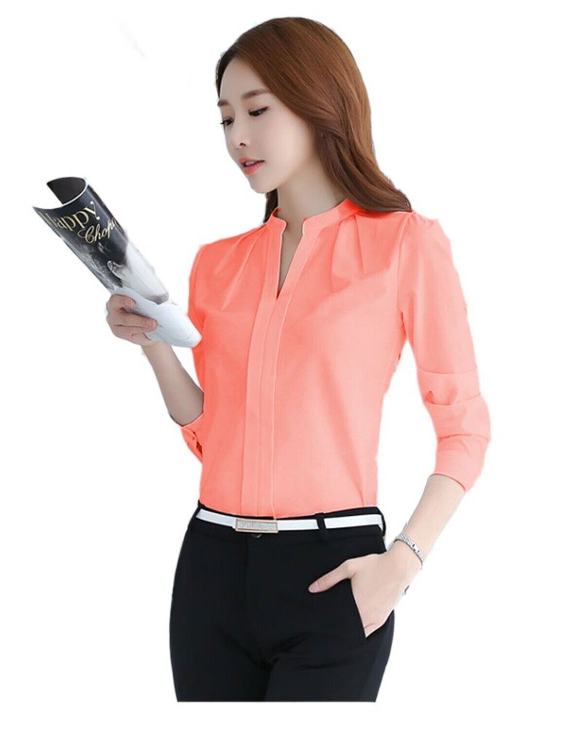 Womens Chiffon V-Neck Pullover Tops Pleated Slim Long Sleeve Work Blouse