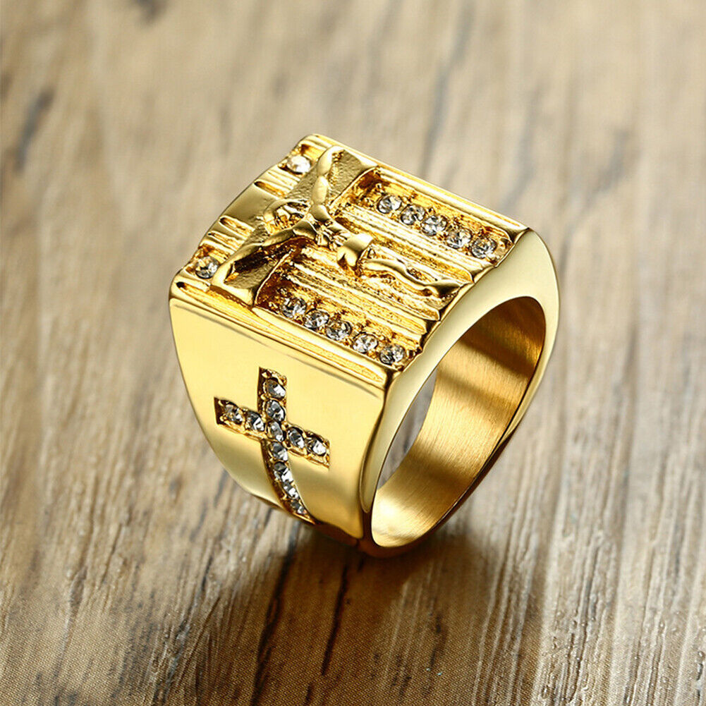 US Mens Stainless Steel Gold Plated CZ Jesus Cross Crucifix Ring Size 7 8-12