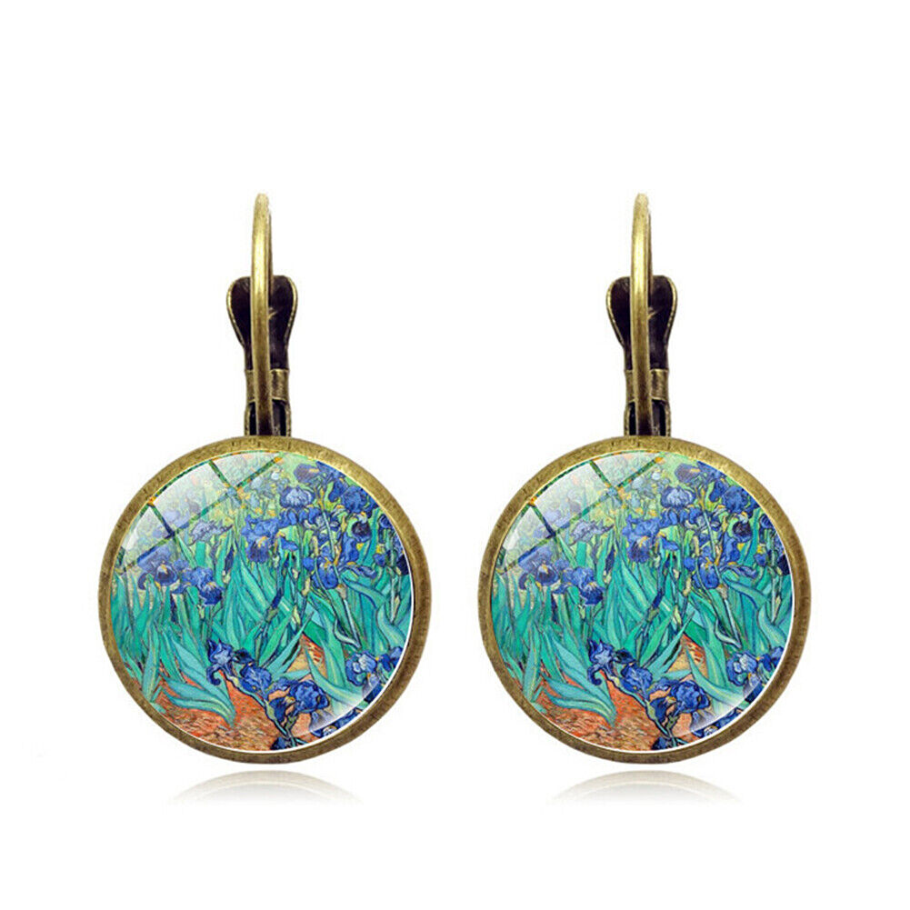 US Starry Night Van Gogh Sunflower Landscape Painting Glass Drop Dangle Earrings