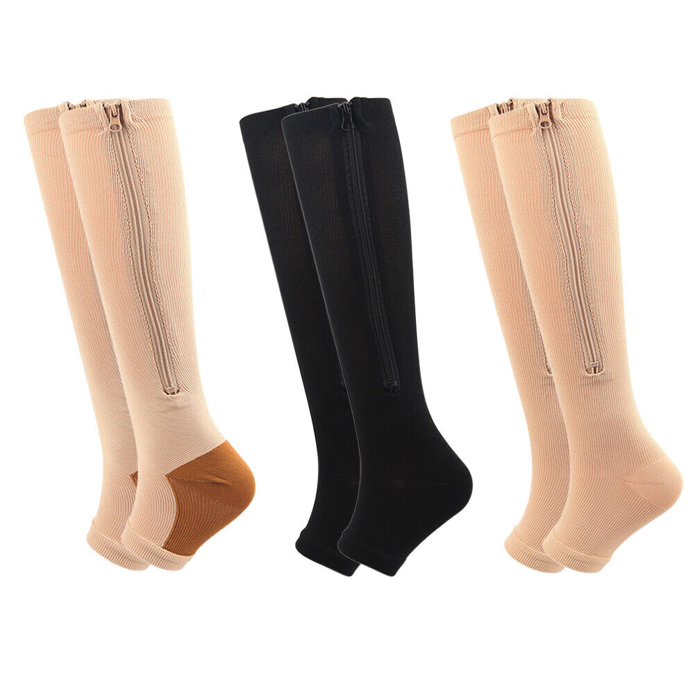 US 3 Pair Zipper Pressure Compression Sock Pain Relief Toeless Calf Leg Stocking