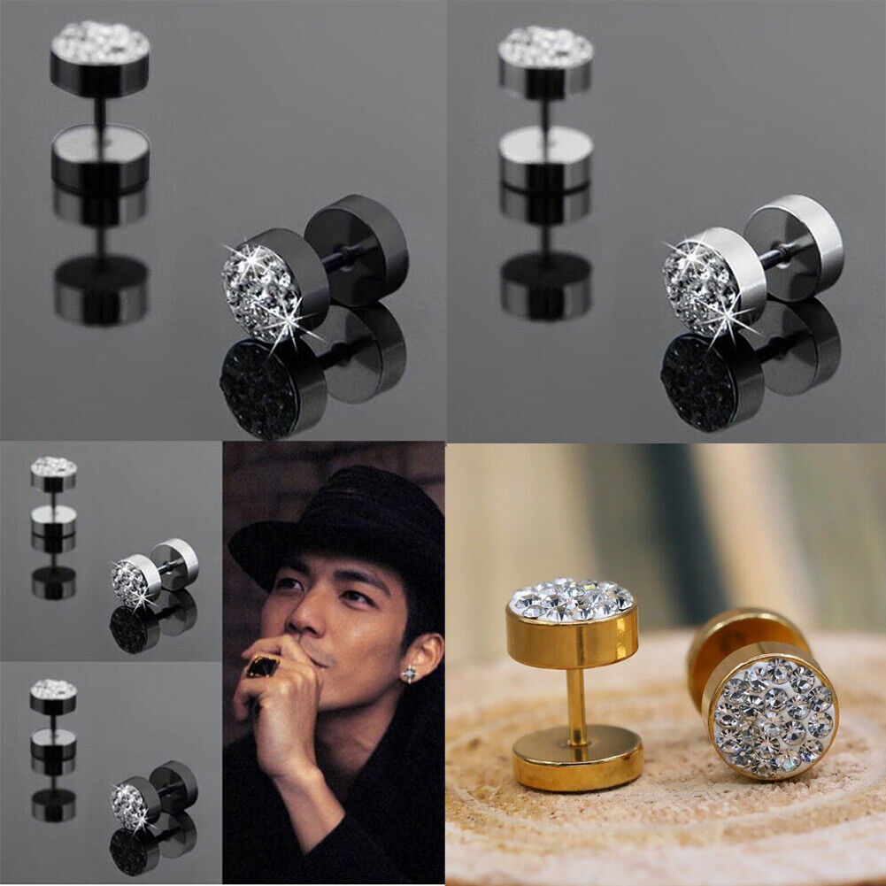 US3-6Pair Barbell Punk StainlessSteel Crystal Ear Studs Earring Piercing Jewelry