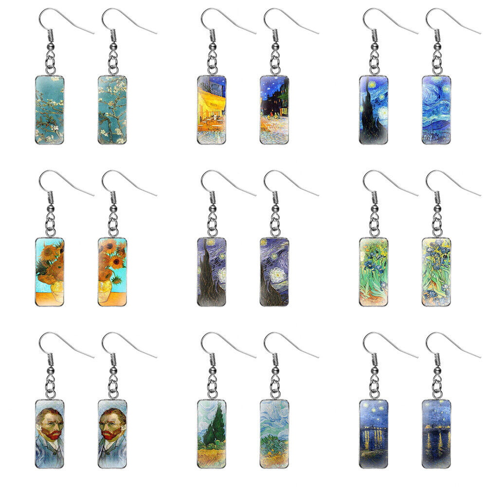 US Rectangle Starry Sky Sunflower Van Gogh Painting Glass Drop Dangle Earrings