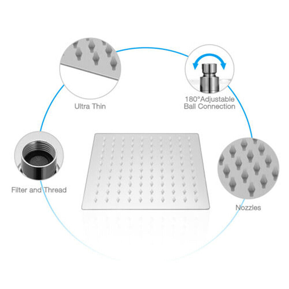 US 8/10/12'' Stainless Steel Flow Rainfall Square Shower Head Full Body Coverage