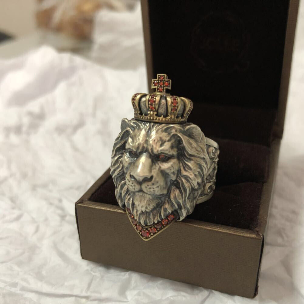 US2-4Pc Punk Animal King Crown Lion Ring Adjustable lion Head Jewelry 925 Silver