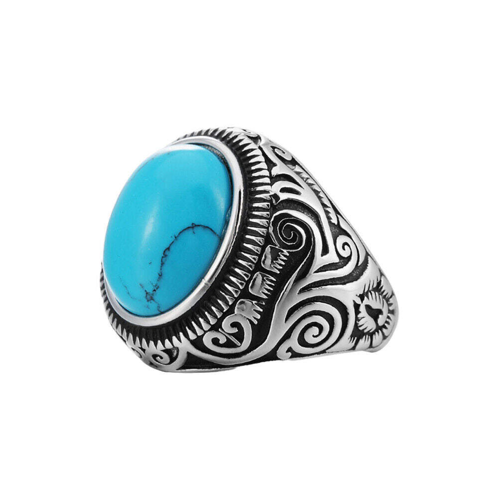 US Mens Simulated Oval Turquoise Stone Ring Men Stainless Steel Size 7 8-11