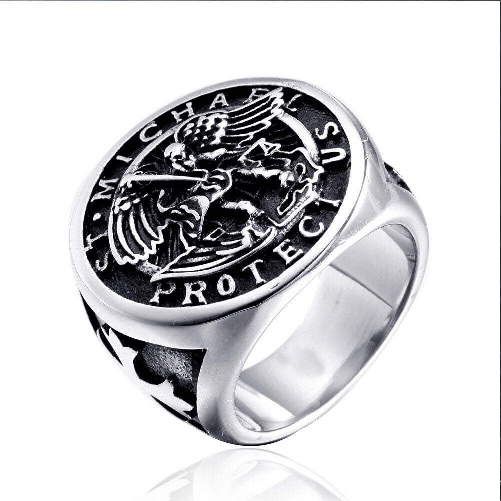 US 1-2 Pack Saint Michael Archangel Ring Vintage Stainless Steel Faith Bands Men