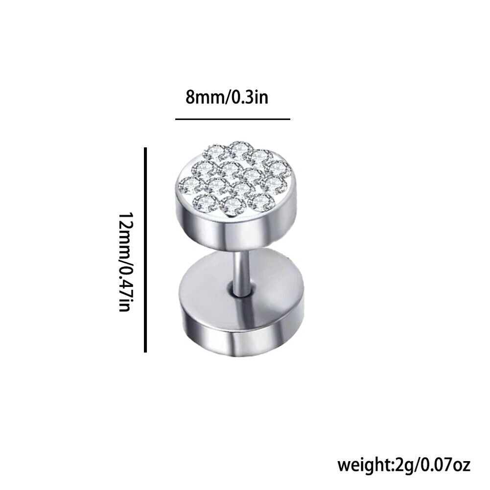 US3-6Pair Barbell Punk StainlessSteel Crystal Ear Studs Earring Piercing Jewelry