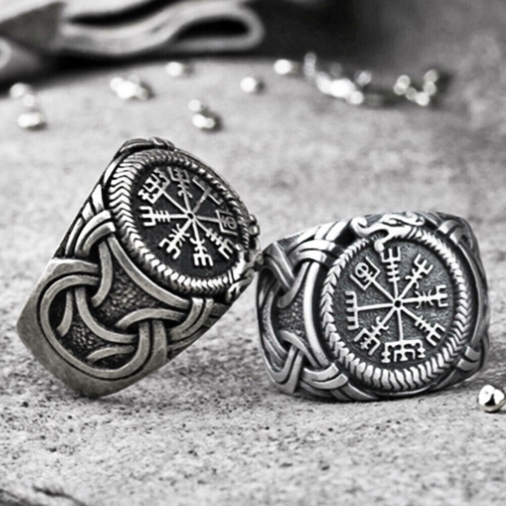 US 2 Pack Stainless Steel Mens Nordic Viking Dragon Vegvisir Compass Ring