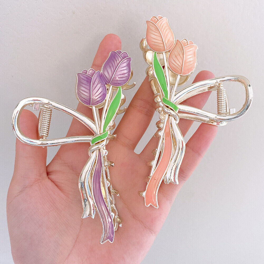 US 1~2 Pack Tulip Floral Enamel Large Metal Hair Claw Flower Blossom Hair Clips