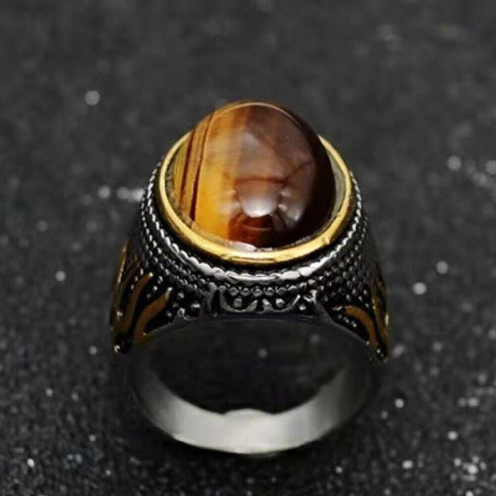 US 2Pc Mens Stainless Steel Gold Plated Oval Tiger Eye Stone Ring Size 7 8 9-11
