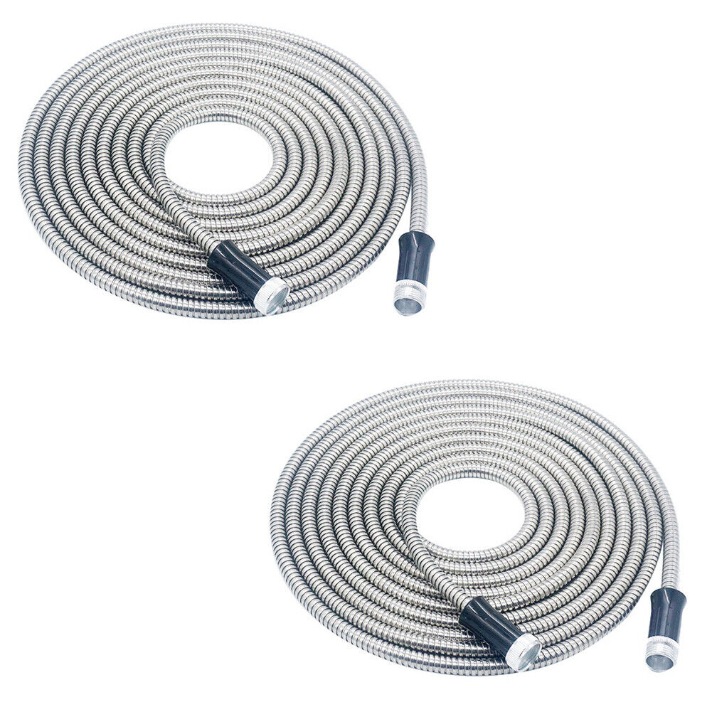 US 50FT 304 Stainless Steel Water Hose Pipe Metal Garden Pipe Connector