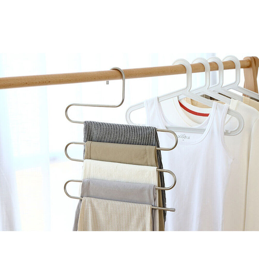 US 2-4 Pcs Trouser Pants Hanger Non-Slip S-Shape 5-Layer Rack Closet Space Saver