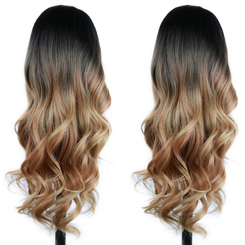 US 1-2 Pack 23" Golden Brown to Gold Ombre Long Curly Blonde Wig Synthetic Hair
