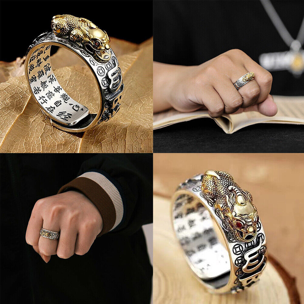 US 2-4Pc Silver Feng Shui Pixiu Adjustable Ring MANI Mantra Protection Wealth