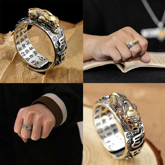 US 2-4Pc Silver Feng Shui Pixiu Adjustable Ring MANI Mantra Protection Wealth