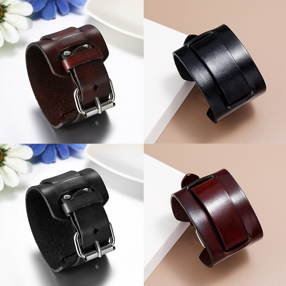 US 1-2 Pc Men's Punk Wide Genuine Leather Belt Wristband Bangle Cuff  Adjustable