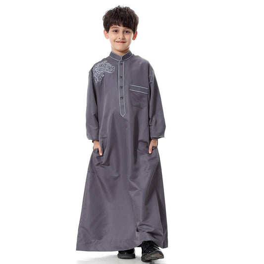 Arabic Thobe Muslim Thobe Kaftan Stand Collar Robe with Botton for Boy