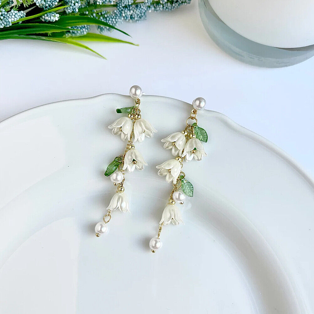 US White Fairy Flower Earrings Lily of the Valley w/ Pearl Long Tassel Earrings