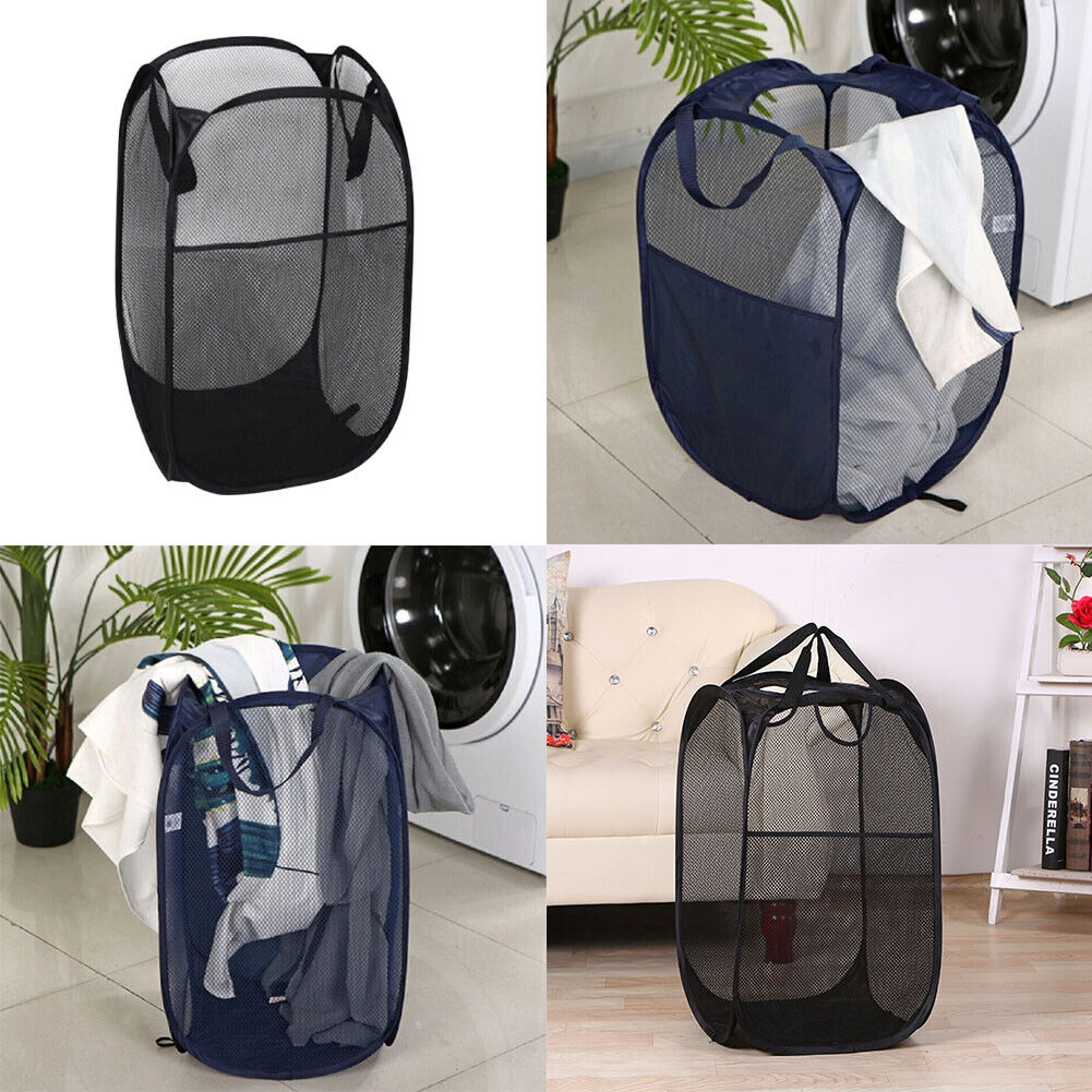 US 1-2 Pcs Laundry Baskets Foldable Pop Up Tidy Mesh Washing Laundry Basket Bag