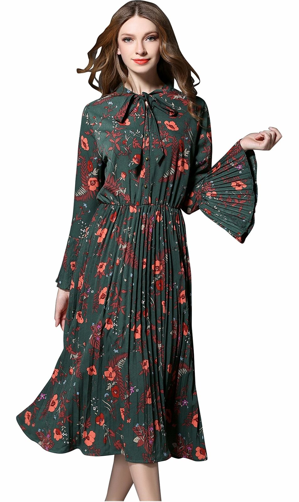 Women's Vintage Floral Printed Lotus Sleeves Elastic Waist  Cocktail Dress