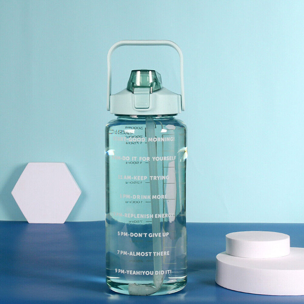 US 1-2 Pc Motivational Half Gallon/64 oz Water Bottle w/ Time Marker with straw