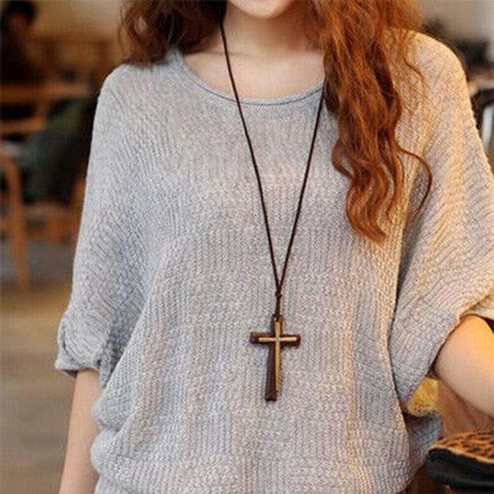 US 1-2 Pack Wood Wooden Cross Long Pendant Adjustable Christian Necklace Unisex