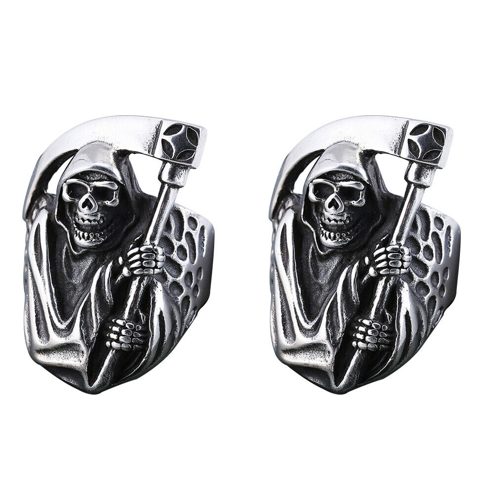 US 2 Pack Mens Biker Goth Death Skull Grim Reaper Ring Stainless Steel Size 8-12