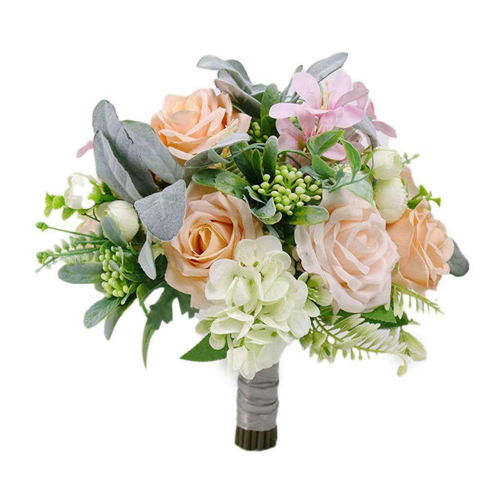 Bridal Holding Wedding Bouquet Fabric Light Coral Ivory Rose Peony Mix Flowers