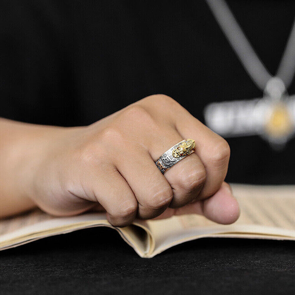 US 2-4Pc Silver Feng Shui Pixiu Adjustable Ring MANI Mantra Protection Wealth