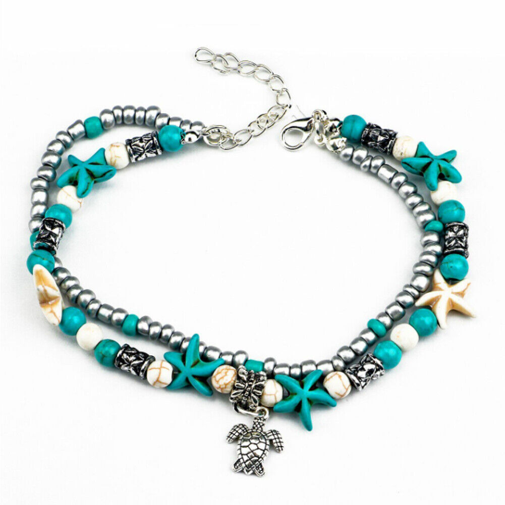 US 2-4 Pack Blue Starfish Turtle Anklet Women Girl Multilayer Charm Boho Beads