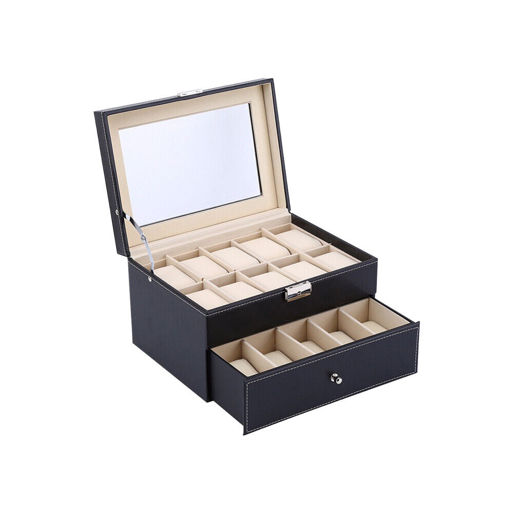 US Large 20 Slot Watch Organizer Box Case Glass Display Leather Jewelry Storage
