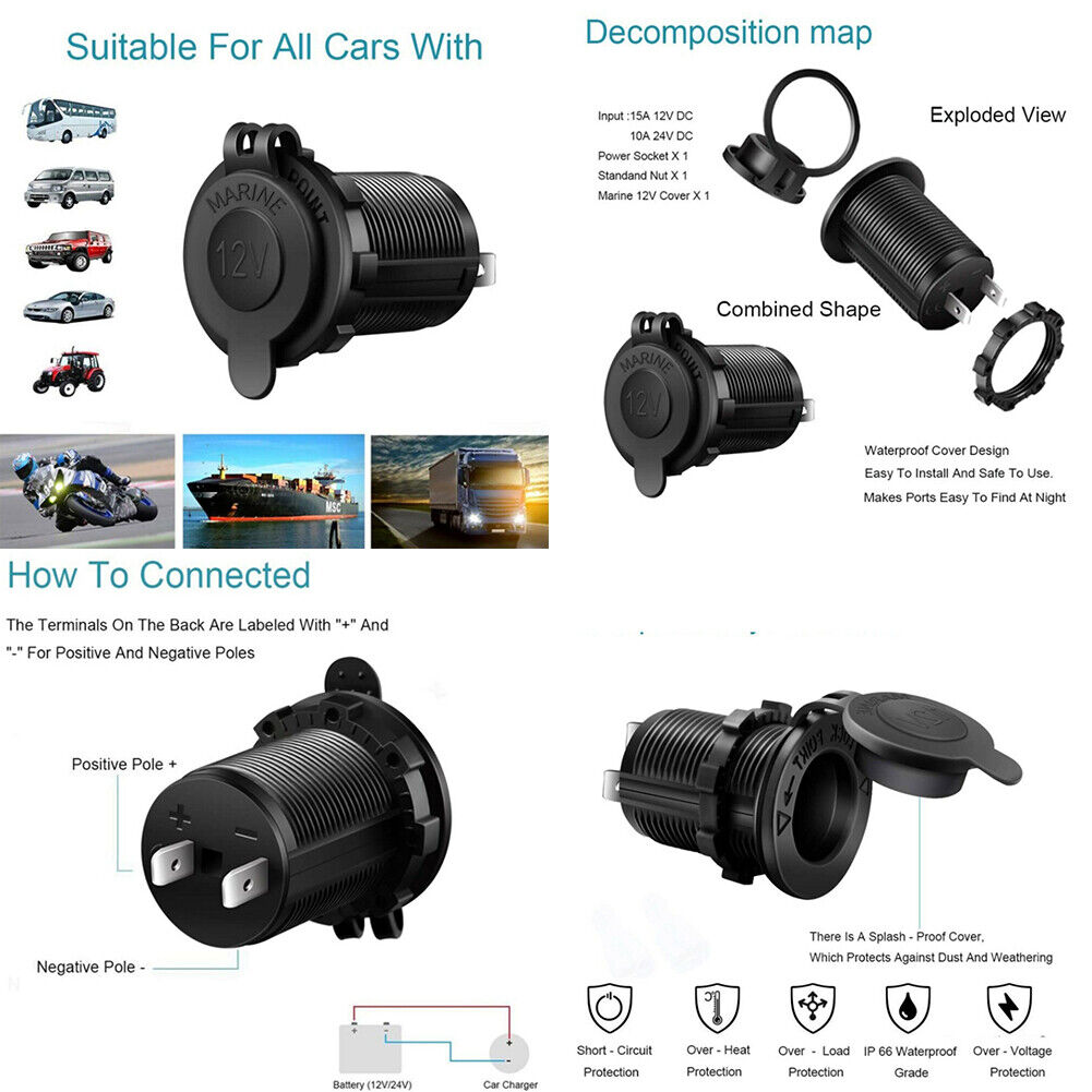 US 6-12Pc Cigarette Lighter Socket Marine Motorcycle ATV RV Lighter Power Outlet