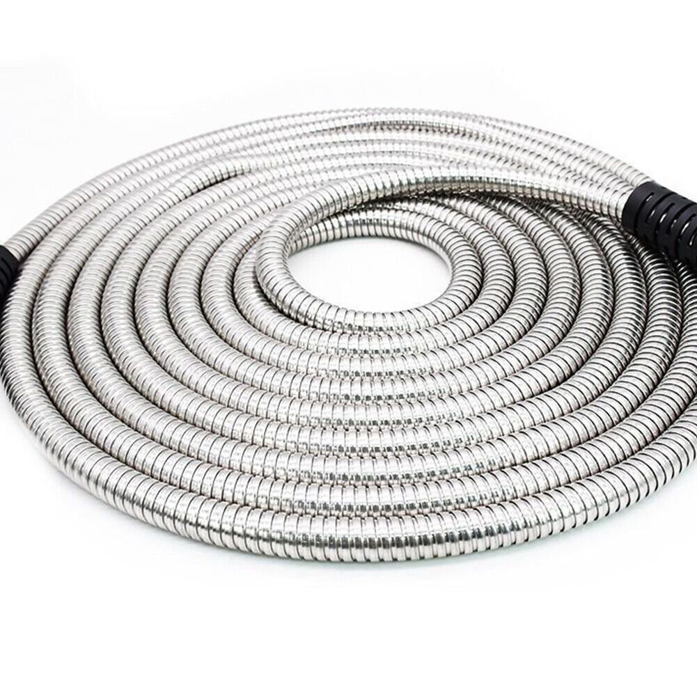 US 50FT 304 Stainless Steel Water Hose Pipe Metal Garden Pipe Connector
