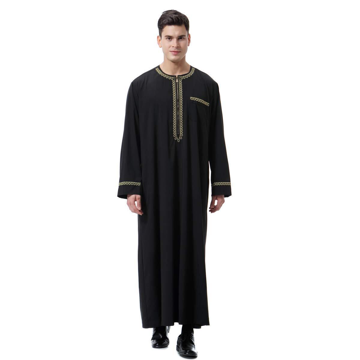 Men Arabic Long Sleeve Printing Thobe Crew Collar Kaftan Robe with Zipper