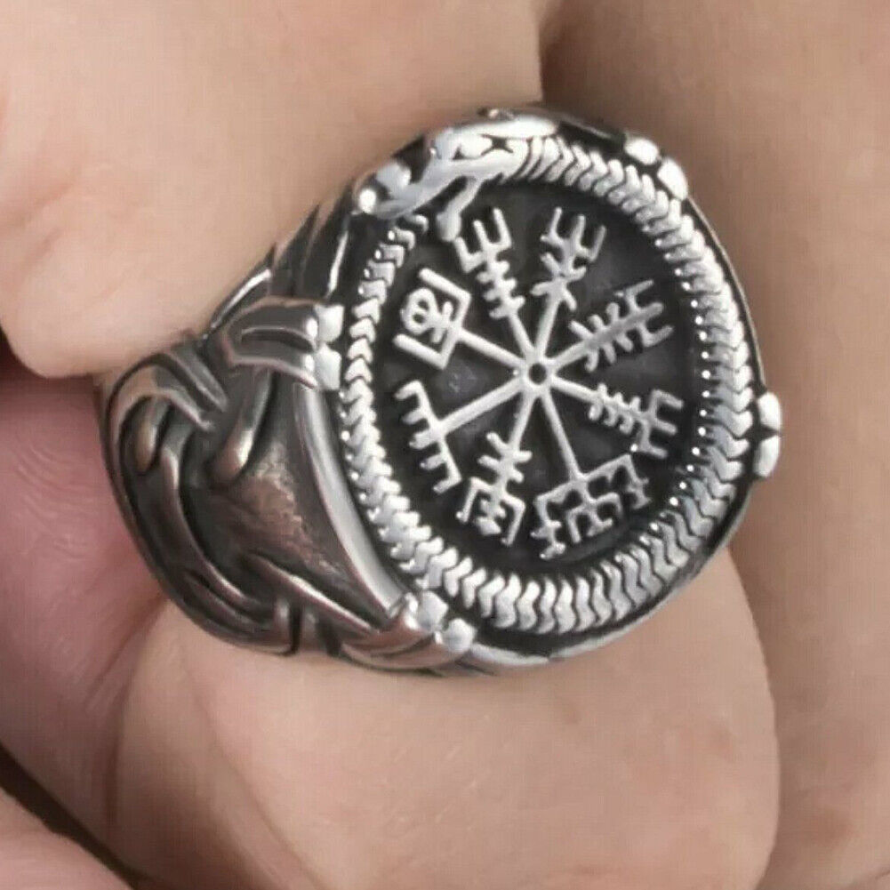 US 2 Pack Stainless Steel Mens Nordic Viking Dragon Vegvisir Compass Ring