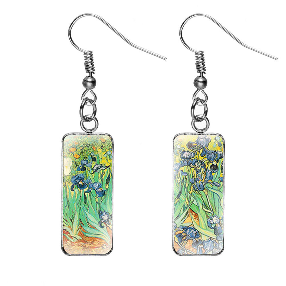 US Rectangle Starry Sky Sunflower Van Gogh Painting Glass Drop Dangle Earrings