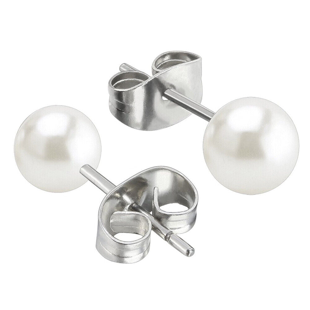 US 6-12 Pairs Faux Pearl Stud Earrings Set Silver Stainless Steel Hypoallergenic