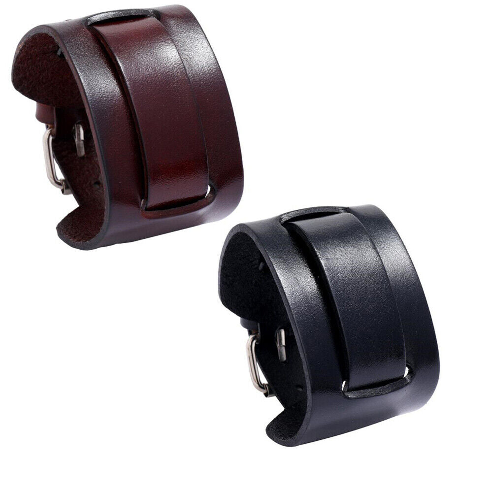US 1-2 Pc Men's Punk Wide Genuine Leather Belt Wristband Bangle Cuff  Adjustable