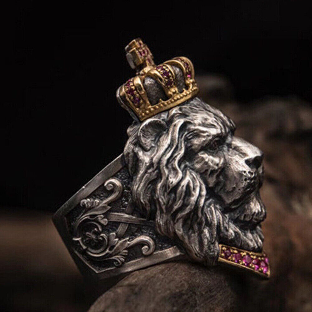 US2-4Pc Punk Animal King Crown Lion Ring Adjustable lion Head Jewelry 925 Silver