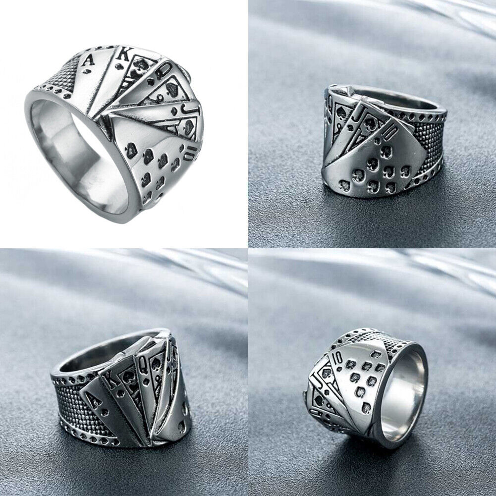 US 1-2 Pack Retro Vintage Steel Lucky Poker Ring Games Casino Party Biker Men