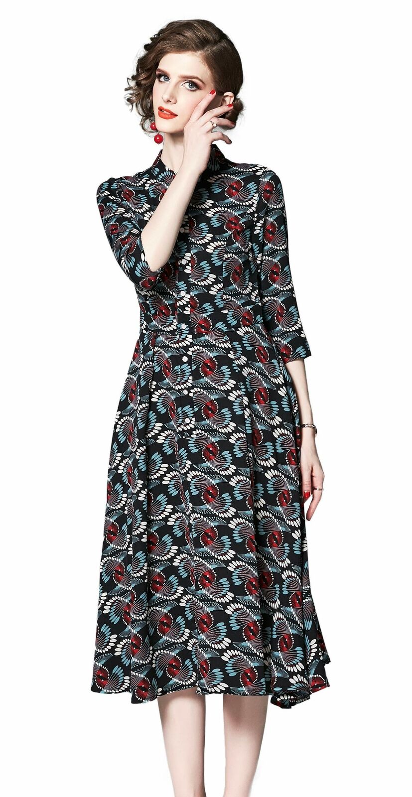 Women's Vintage Floral Printed Lotus Sleeves Elastic Waist  Cocktail Dress