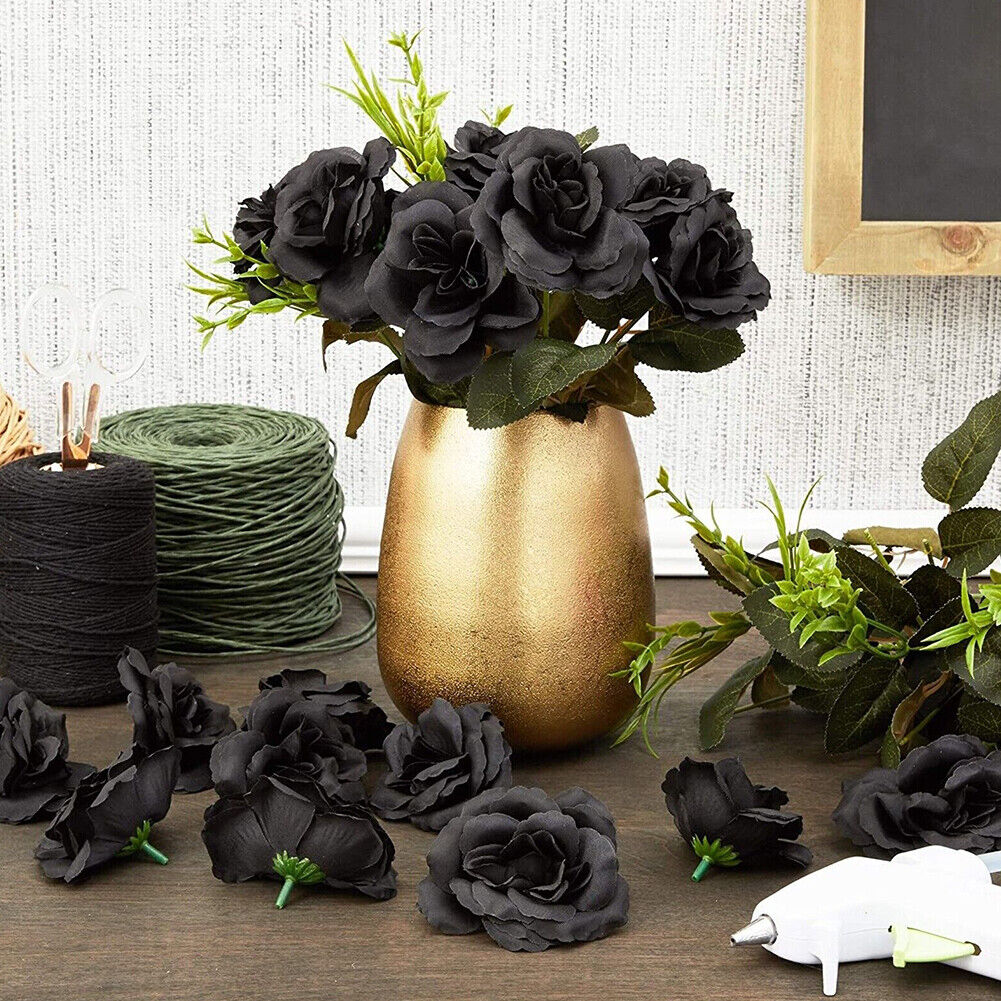 US 50-100Pc Artificial Black Rose Stemless Silk Flower Decoration Wedding 2.36''
