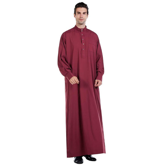 Men Arabic Long Sleeve PureColor Thobe Crew Stand Collar Kaftan Robe with Button