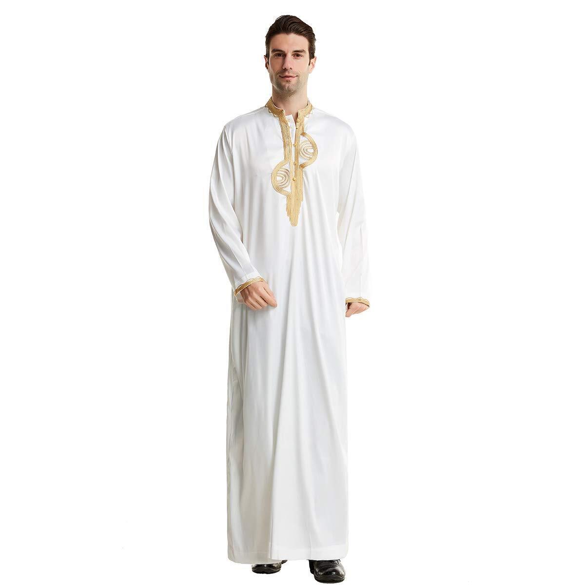 Men Arabic Long Sleeve Embroidery Thobe Stand Collar Kaftan Robe