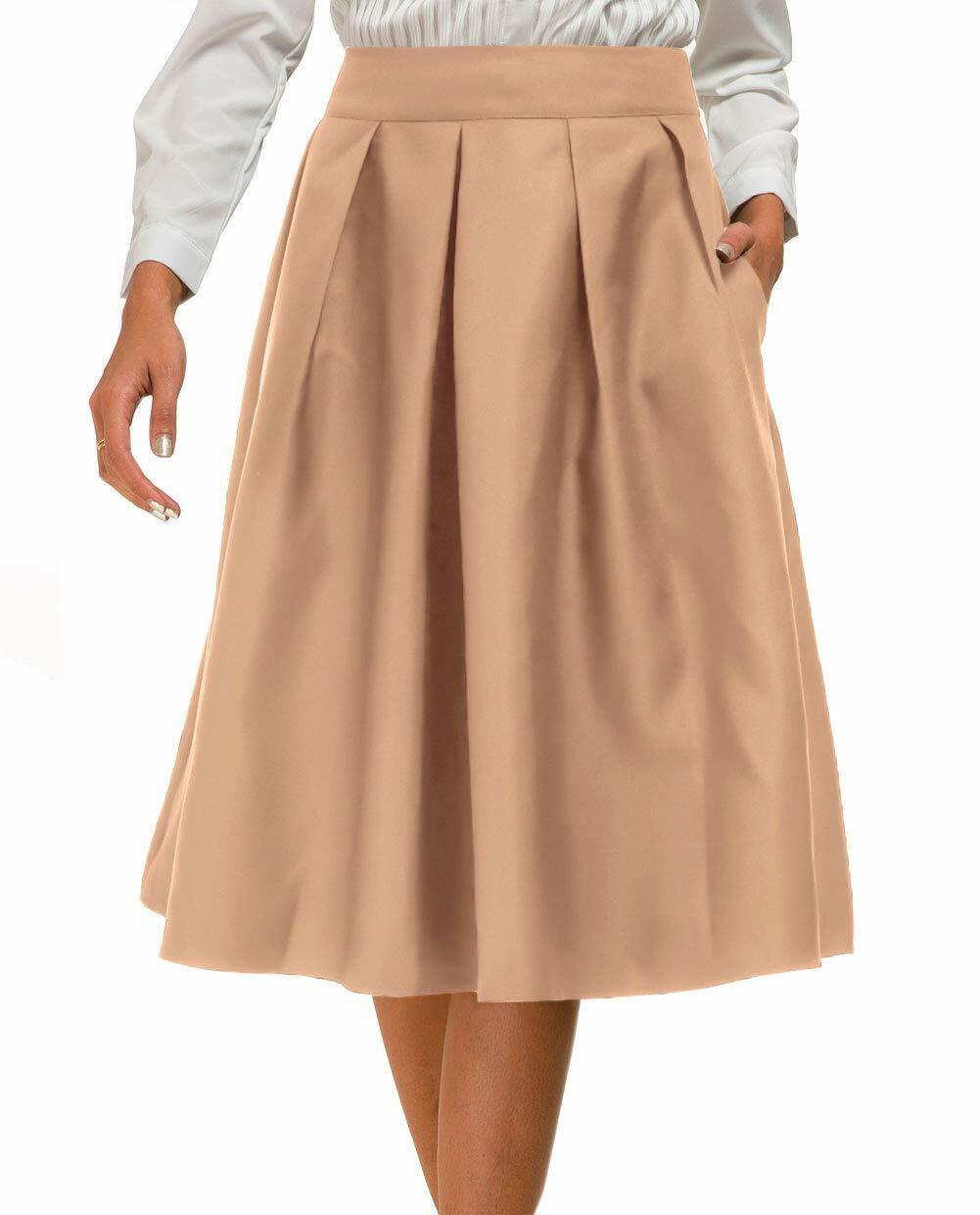 Women High Waist A-line Skater Flared Midi Skirt with Pocket