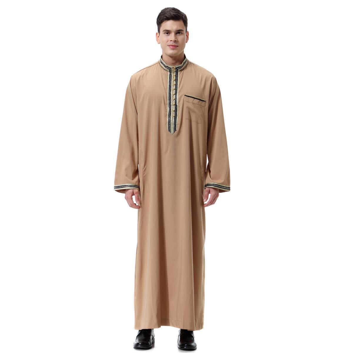 Men Arabic Long Sleeve Embroidery Decal Thobe Stand Collar Kaftan Robe