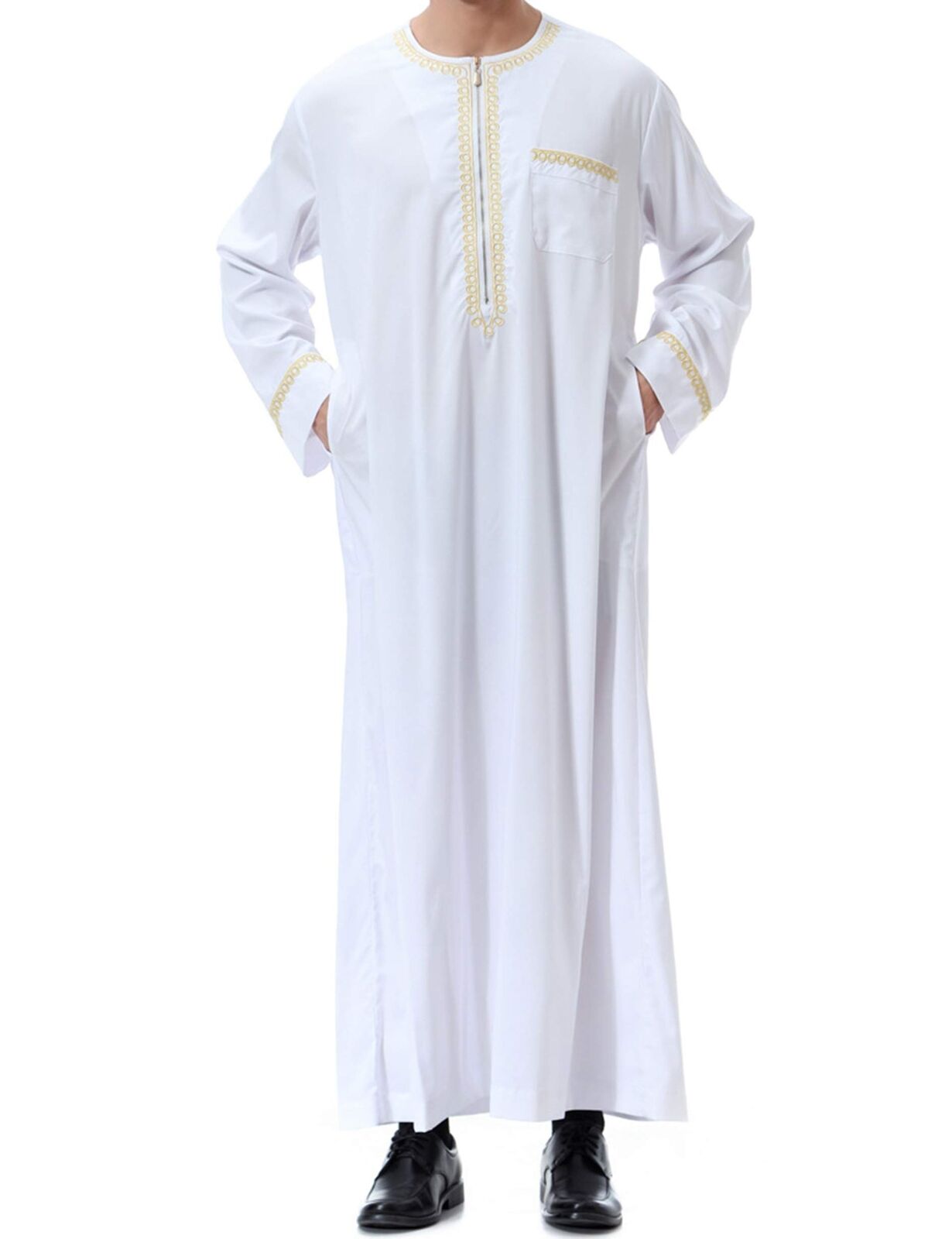 Men Arabic Long Sleeve Printing Thobe Crew Collar Kaftan Robe with Zipper